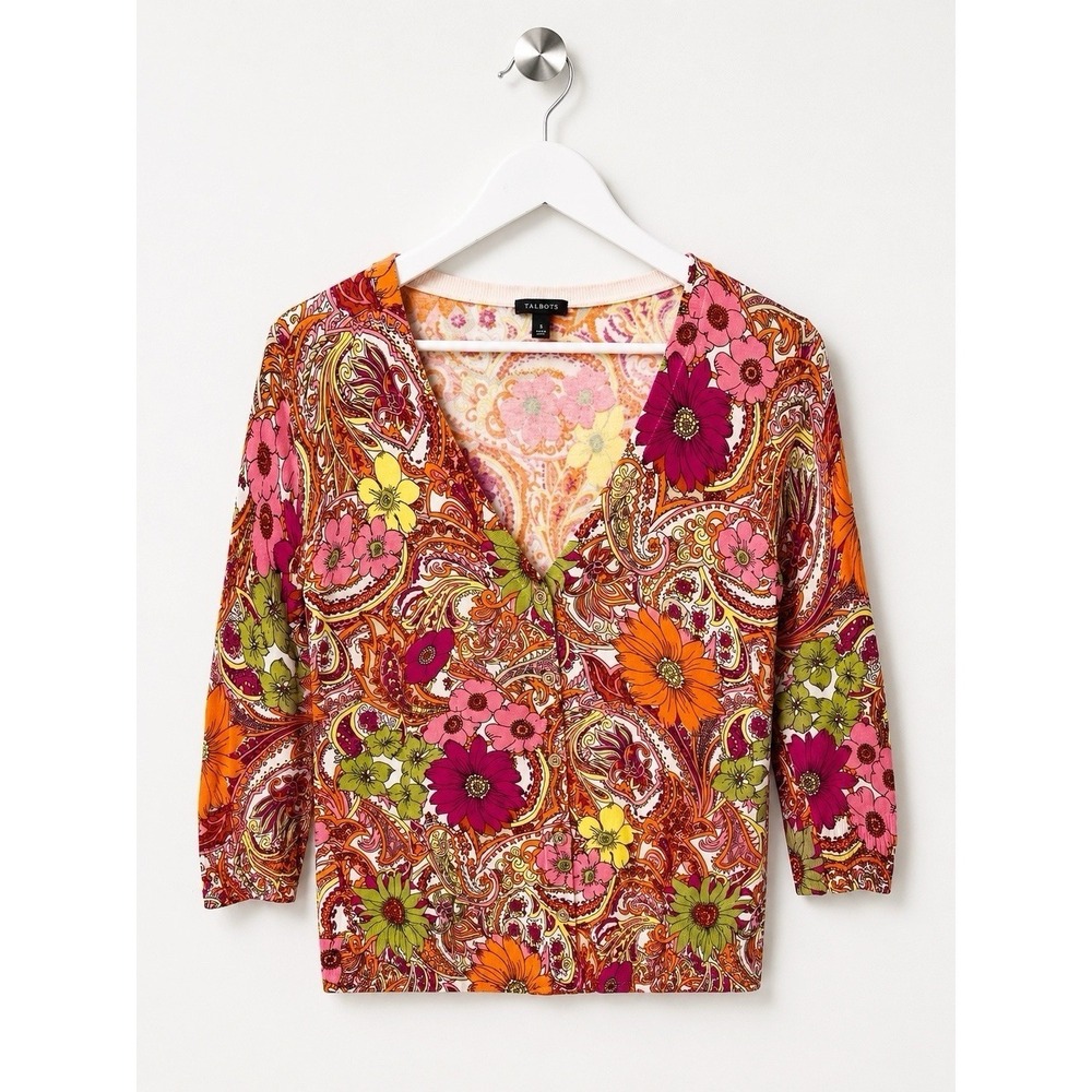 Talbots Floral Paisley Sweater Top Women Small Pink Orange 3/4 Sleeve Boho Retro
